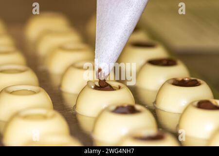 Chocolat et pralines dans des moules pralinés, chocolat DIY fabriqué à la maison à Vienne Banque D'Images