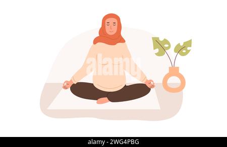 Femme musulmane enceinte méditant à la maison. Yoga prénatal. maman arabe moderne en hijab assise avec les jambes croisées pratiquant la méditation. Exercice relaxant d Illustration de Vecteur