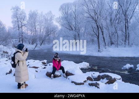 (240203) -- XUNKE, 3 février 2024 (Xinhua) -- les touristes apprécient le paysage rime le long de la rivière Kurbin près du village de Pingtai dans le comté de Xunke de Heihe, dans la province du Heilongjiang, au nord-est de la Chine, le 2 février 2024. Pendant les rudes conditions hivernales, les gouttelettes d'eau surrefroidies de la rivière Kurbin s'élèvent et forment de la rime sur les branches d'arbres le long de la rive lorsque la rivière traverse le village de Pingtai du comté de Xunke. Ce paysage pittoresque de rime attire les touristes de tout le pays. Bien qu'il fasse froid dans le village de Pingtai en hiver, la rivière Kurbin reste non gelée en raison de la proximité hyd Banque D'Images