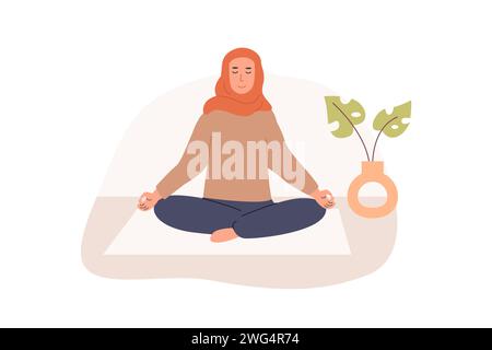 Jeune femme musulmane moderne avec les jambes croisées et les yeux fermés méditant à l'intérieur et effectuant des exercices de respiration de yoga. Femmes pratiquant Pranayama et Illustration de Vecteur