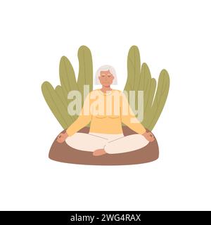 Personne âgée assise à l'extérieur au parc et pratiquant le yoga. Femme âgée moderne aux jambes croisées yeux fermés méditant sur la nature. Méditation, Illustration de Vecteur