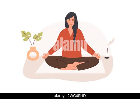 Jeune femme aux jambes croisées et aux yeux fermés méditant à la maison. Femme assise jambes croisées dans sa chambre ou son appartement et pratiquant le yoga. Méditation Illustration de Vecteur