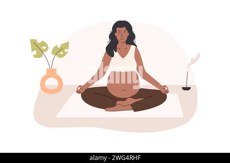 Femme noire enceinte méditant à la maison. Yoga prénatal. maman à peau foncée assise avec les jambes croisées pratiquant la méditation. Exercice relaxant au cours de la pregna Illustration de Vecteur