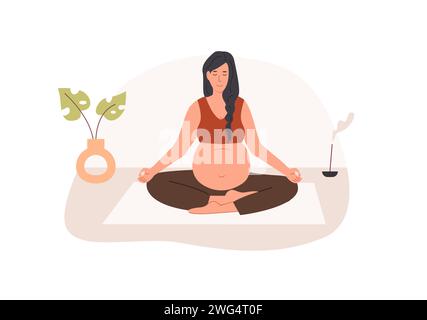 Femme enceinte méditant à domicile. Yoga prénatal. Femme assise avec les jambes croisées pratiquant la méditation. Exercice relaxant pendant la grossesse. Mère wi Illustration de Vecteur
