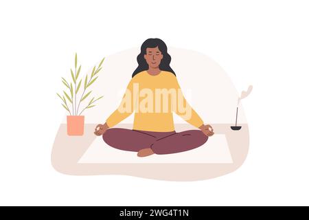 Jeune femme africaine avec les jambes croisées et les yeux fermés méditant à l'intérieur et effectuant des exercices de respiration de yoga. Femmes pratiquant le Pranayama et le médit Illustration de Vecteur