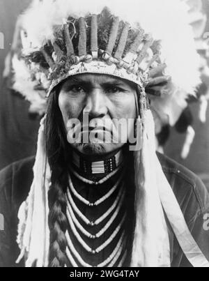 Un nez PERC&#xe9;, c1910 typique. Portrait tête et épaules de nez PERC&#xe9 ; homme coiffé de plumes, cheveux tressés et colliers. Banque D'Images