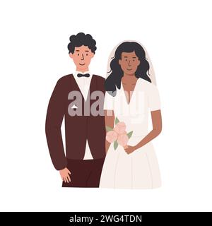 Mariage interracial. Nouveau-né. Couple d'amour homme caucasien et femme noire. Cérémonie de mariage. Heureux marié et mariée. Mari et femme biraciaux. Romanti Illustration de Vecteur