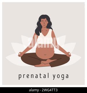 Femme enceinte méditant. Bannière carrée pour le yoga prénatal. Femme assise avec les jambes croisées. Exercice de méditation relaxant pendant la grossesse. Mère Wit Illustration de Vecteur