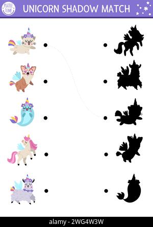 Activité d'appariement d'ombres licorne avec des animaux à cornes. Puzzle du monde magique avec des personnages mignons. Trouver la feuille de calcul imprimable de silhouette correcte, jeu. Illustration de Vecteur