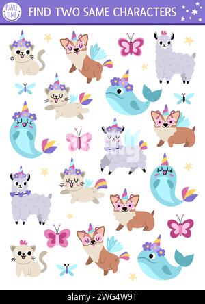 Trouvez deux animaux licorne identiques. Activité Magic World Matching pour les enfants. Fiche de travail de quiz éducatif de fantaisie ou de conte de fées pour les enfants pour le skil d'attention Illustration de Vecteur