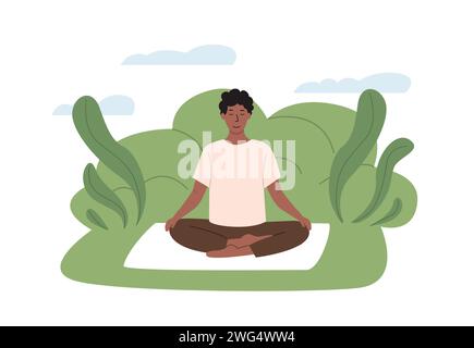 Homme africain aux jambes croisées les yeux fermés méditant sur la nature. Jeune homme assis les jambes croisées à l'extérieur au parc et pratiquant le yoga. Méditation Illustration de Vecteur