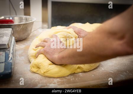 Deutschland 31. Janvier 2024 : In der Backstube eines Bäckers knetet der Bäcker mit seinen Händen den Teig für Laugenstangen. Landkreis Osnabrück Niedersachsen *** Allemagne 31 janvier 2024 dans la boulangerie d'un boulanger, le boulanger pétrit la pâte pour les bâtonnets de bretzel avec ses mains District de Osnabrück Basse-Saxe Copyright : xFotostandx/xGelhotx Banque D'Images