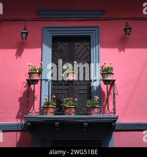 Balcon typique avec pots de fleurs sur la maison peinte rose Banque D'Images