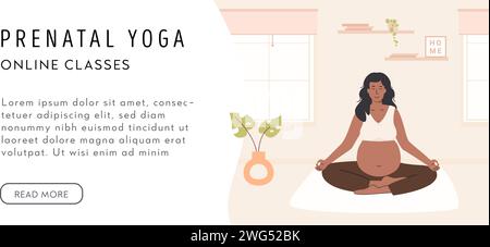 Femme enceinte afro-américaine méditant. Modèle de bannière Web pour le yoga prénatal. Femme noire ou asiatique assise avec les jambes croisées. Méditation relaxante Illustration de Vecteur