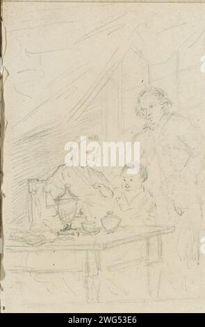 Les parents et un enfant autour d'une table, c. 1794 - c. 1799 les personnages se tiennent debout et s'assoient à l'intérieur près d'une fenêtre. Page 75 d'un carnet de croquis de 78 pages. papier. crayon intérieur de la maison. table posée : articles de table, décoration de table, etc. parents avec leurs enfants Banque D'Images