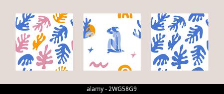 Ensemble tendance de motif sans couture avec découpe organique abstraite Matisse inspiré de formes d'algues ou de coraux et de figure humaine. Posture féminine et géométrique Illustration de Vecteur