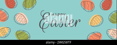 Modèle de cadre festif avec motif géométrique tracé tendance sur les œufs de Pâques. Bannière horizontale décorative avec des oeufs de Pâques sur fond bleu. Vecteur Illustration de Vecteur