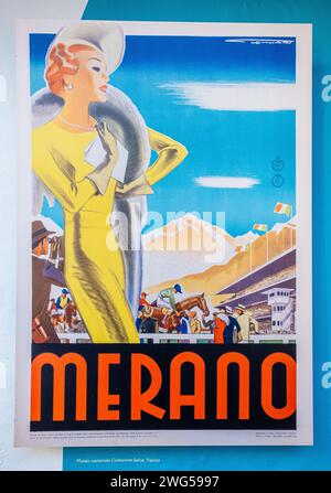 Affiches publicitaires touristiques du début des années 1940 de la ville de Merano, Tyrol du Sud, Trentin Haut-Adige, Itay du Nord, Europe Banque D'Images