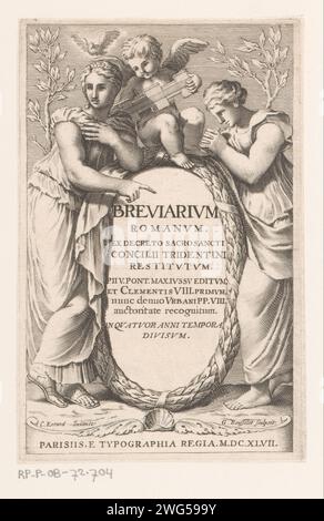 Deux femmes en robe et un ange, au-dessus d'eux un pigeon blanc, Gilles Rousselet, d'après Charles II Errard, 1647 impression Paris gravure sur papier / gravure page de titre. anges. Saint-Esprit représenté comme une colombe (en flammes). une personne priant Banque D'Images