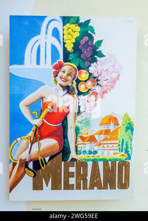 Affiches publicitaires touristiques du début des années 1940 de la ville de Merano, Tyrol du Sud, Trentin Haut-Adige, Itay du Nord, Europe Banque D'Images