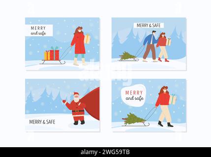 Ensemble de cartes de voeux avec des gens joyeux heureux marchant et portant des cadeaux et arbre de Noël après avoir fait du shopping à Noël nouvel an. Bannières horizontales Illustration de Vecteur