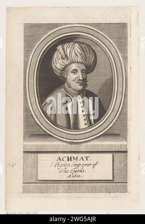 Portrait d'Ahmed Ier, sultan de l'Empire ottoman, anonyme, 1610 tirage Portrait d'Ahmed Ier dans un cadre ovale. Il porte un turban. Dans un cadre se trouvent le nom et le titre. tête de gravure sur papier : turban Banque D'Images