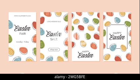 Ensemble de modèles de médias sociaux Joyeuses Pâques, bannières de vente, cartes de vœux, affiches verticales ou couvertures de vacances. Œufs de Pâques décorés en minimali tendance Illustration de Vecteur