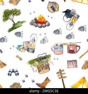 Aquarelle aventure camping motif multidirectionnel sans couture isolé sur blanc Banque D'Images