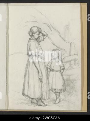 Femme et fille près d'une colline et d'un tronc d'arbre, 1834 - 1911 page 10 recto d'un carnet de croquis avec 16 feuilles. papier. paysages au crayon (+ paysage avec figures, staffage). arbres (+ tige, tronc) Banque D'Images