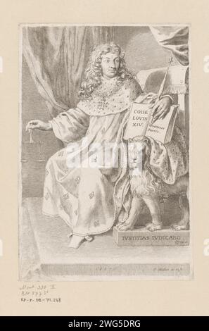 Portrait de Louis XIV, assis sur son trône avec sceptre et écailles, Claude Mellan, 1667 estampe France sur papier gravant des personnages historiques. trône. roi Banque D'Images