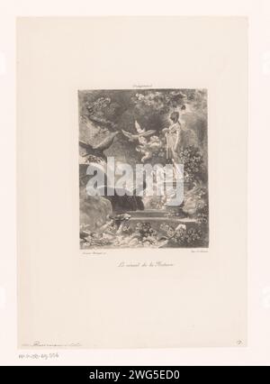 Paysage du parc avec putti près d'une statue voilée, Marie Louveau -Rouveyre, d'après Jean Honoré Fragonard, 1878 - 1904 papier gravure nature. Cupidons : 'Amores', 'Amoretti', 'Putti'. park Banque D'Images