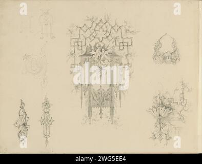 Feuille d'étude avec l'architecture gothique, ornements et cartouche, c. 1850 entre autres, ornements avec des fleurs et des feuilles. Feuille 12 verso d'un carnet de croquis avec 37 feuilles. papier. crayon. architecture de pinceau aquarelle (peinture). ornement  tracerie. fleurs  ornement. ornement  cartouche Banque D'Images