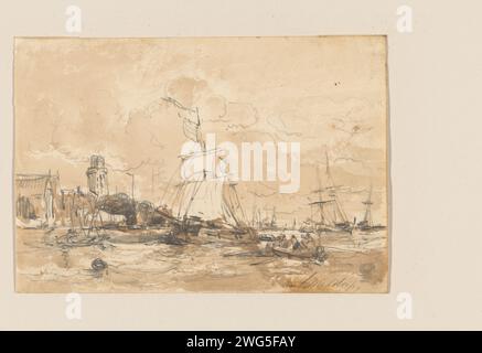 Vue sur la rivière avec voiliers, Antonie Waldorp, 1813 - 1866 papier à dessin. rivière à brosse à crayons. voilier, voilier Banque D'Images