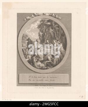 Etend and buving Company in a Landscape, Pierre Adrien le beau (attribué à), 1768 print vêtements : vêtements civils 1768. Imprimeur : Francepublisher : Paris papier gravure / gravure de vêtements, costume (+ vêtements pour hommes). vêtements, costume (+ vêtements pour femmes). pique-nique, en plein air, déjeuner sur l'herbe. manger et boire Banque D'Images