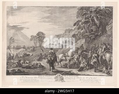 Landschap met la cavalerie, Jacques-Philippe le Bas, d'après Charles Parrocel, c. 1737 imprimeur : Parisafter peinture par : Franceéditeur : ParisParisFrance gravure sur papier / gravure le soldat ; la vie du soldat. bataille (+ cavalerie, cavaliers) Banque D'Images