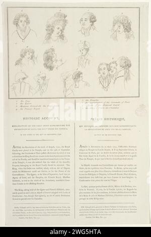 Légende de l'estampe : Louis XVI est séparé de sa famille, Anonyme, d'après Luigi Schiavonetti, d'après Charles Benazech, estampe de 1793. Feuille de texte ci-dessus : portraits des différentes figures qui apparaissent sur l'estampe 'Louis XVI est séparé de sa famille'. Ci-dessous une liste explicative de chiffres. Ci-dessous : texte en livre imprimé en anglais et en français. Après impression par : Italypublisher : London paper graving Historical persons. souverain, souverain Banque D'Images