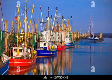 Coupe-crabe bleu et rouge dans le port de Dorum par temps ensoleillé et ciel bleu Banque D'Images