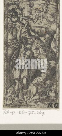 Offre d'Isaac, Anonyme, 1500 - 1600 print Abraham lève son épée pour sacrifier son fils Isaac, mais un ange l'en empêche. Dans le coin supérieur gauche, une référence à Gen. 22 en image miroir. Pays-Bas gravure sur papier quand Abraham a la main levée pour tuer Isaac, un ange retient la main d'Abraham Banque D'Images