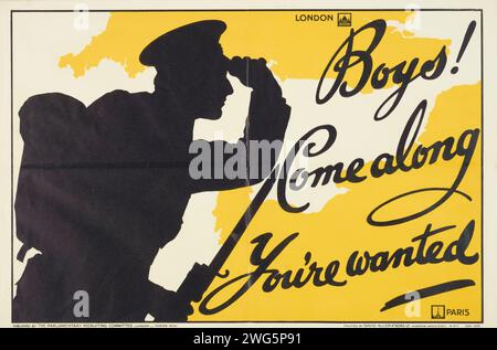 Affiche, "Boys Come Over Here". Recrutement militaire produit par le Parliamentary Recruiting Committee au Royaume-Uni pour encourager l'enrôlement de jeunes hommes dans les forces armées des colonies. Parliamentary Recruiting Committee ; éditeur ; mars 1915 ; Royaume-Uni ; David Allen & Sons Ltd. ; Imprimerie ; mai 1915 ; Royaume-Uni Banque D'Images