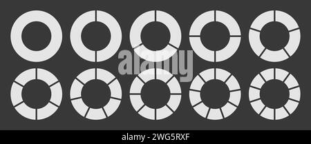Cercle divisé en 1-10 parties de couleur blanche. Cercle creux segmenté en un jeu d'icônes de graphique de diagramme de 1-10 parties. Diagramme de section en forme de secteur en dix parties. Illustration de Vecteur