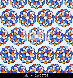 Motif sans couture fenêtre en verre teinté Kaleidoscope motif coloré. Illustration vectorielle mosaïque. Isolé sur fond bleu clair. Illustration de Vecteur