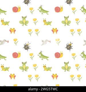 Mignon insecte animaux de sable escargot et grenouille, motif sans couture d'oiseau. Illustration vectorielle pour fond textile d'été, conception de tissu, papier peint pour enfants, affiches, vêtements de pépinière. Illustration de Vecteur