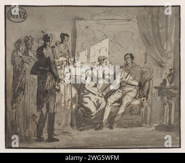La reine Wilhelmine rend visite au prince d'Orange blessé, après la bataille de Waterloo, à Bruxelles, Mattheus Ignatius van Bree, 1815 - 1817 papier à dessin. stylo à encre / pinceau événements historiques et situations. personnages historiques. visiter le malade ; malade avec d'autres Banque D'Images