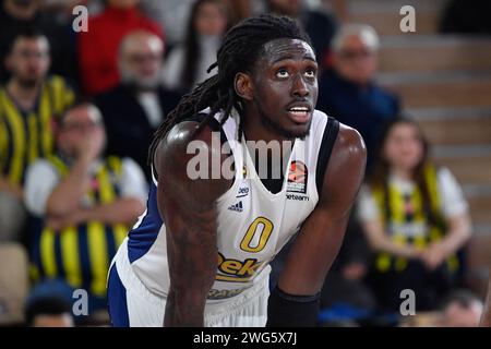 Monaco, Monaco. 02 février 2024. Johnathan Motley, joueur n°0 de Fenerbahce, est vu en action lors du match de la saison régulière de Turkish Airlines Euroleague Basketball entre L'AS Monaco et Fenerbahçe Beko à la salle Gaston-Medecin à Monaco le 02 février 2024. Photo de Laurent Coust/ABACAPRESS.COM. Crédit : Abaca Press/Alamy Live News Banque D'Images