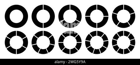 Cercle divisé en 1-10 parties de couleur noire. Cercle creux segmenté en un jeu d'icônes de graphique de diagramme de 1-10 parties. Diagramme de section en forme de secteur en dix parties. Illustration de Vecteur