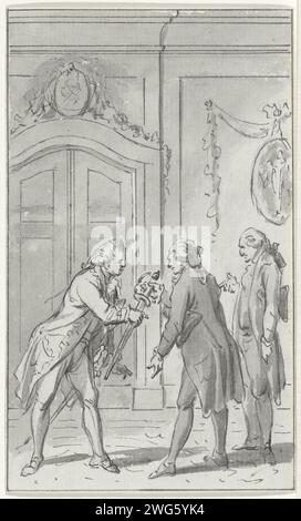 Don à Admiraal Bailli de Suffren au nom des États généraux, 1784, Jacobus achète, dessin 1792 Présentation du don d'un Degen d'or à l'amiral français Pierre André de Suffren de Saint-Tropez, en raison de ses mérites dans la lutte contre les Anglais aux Indes orientales, 1784. L'épée est remise au nom des États généraux par G. Brantsen et l'Estévenon van Berkenrode. Conception pour une impression. Présentation papier nord des pays-Bas de l'épée  installation d'une règle. cadeaux acceptés. Quatrième guerre anglo-néerlandaise Banque D'Images