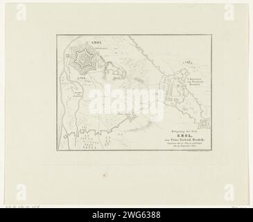 Siège de Grol par Frederik Hendrik, 1627, 1800 - 1849 imprimer Siège et conquête de la ville de Groenlo (Grol) par l'armée de l'État dirigée par Frederik Hendrik, 6 juillet - 19 août 1627. A gauche la ville renforcée, à droite le quartier de Frederik Hendrik. Cartes de gravure papier des pays-Bas de différents pays ou régions. Siège, position guerre Groenlo Banque D'Images