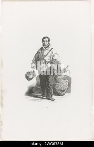 De Kruier van Amsterdam, 1840-1841, 1840 - 1841 imprimer le porteur d'Amsterdam, homme debout avec bagages. Los copie d'une illustration de : un livre avec des croquis de personnages, des professions et des costumes traditionnels de types hollandais allly de 1841. Numéroté : 26 vêtements professionnels en papier néerlandais. bagages, articles de voyage. porter, porteur Amsterdam Banque D'Images