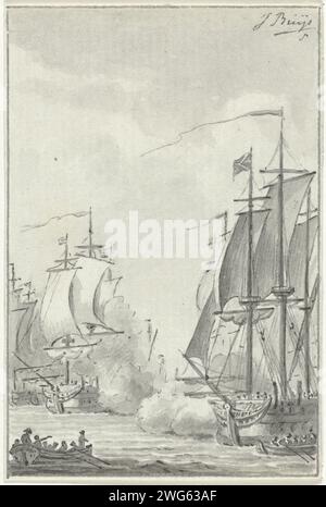 Rencontre entre Fielding et Van Bylandt, 1779, Jacobus Buys, 1780 - 1795 dessin rencontre entre un escadron anglais commandé par Charles Fielding et un escadron néerlandais commandé par Lodewijk van Bylandt qui accompagnait un convoi, à l'île de Wight le 31 décembre 1779. Conception pour une impression. Papier des pays-Bas du Nord. stylo à encre / bataille de pinceau (+ force navale) Banque D'Images