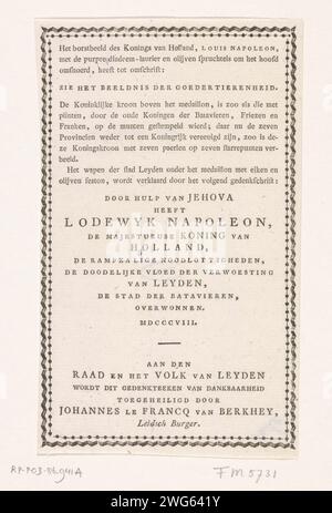 Explication à l'estampe avec le buste du roi Louis Napoléon, 1808, Johannes le Francq van Berkhey, 1808 feuille de texte feuille de texte à l'estampe avec le médaillon avec buste du roi Louis Napoléon, 1808. Après le bénéficiaire, le roi à la catastrophe de poudre à canon à Leiden le 12 janvier 1807. Néerlandais. Impression typographique papier Leiden Banque D'Images